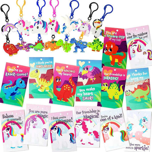 28Pcs Unicorn and Dinosaur Keychain with Valentines Day Cards for Kids-Classroom Exchange Gifts