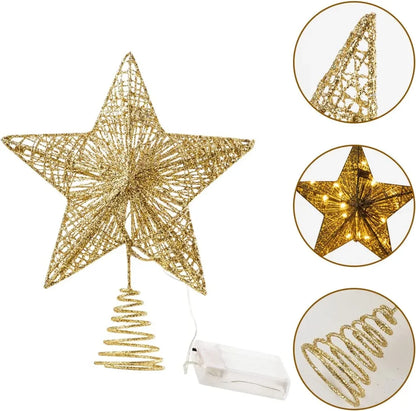 Christmas Glitter Lighted Gold Star Tree Topper