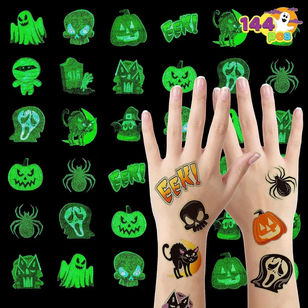 JOYIN 144 PCS Halloween Glowing Temporary Tattoos for Kids, 12 Designs Luminous Halloween Tattoo stickers