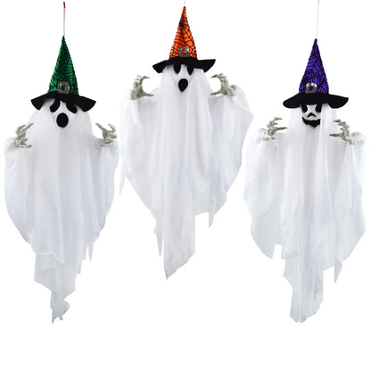 3pcs Halloween Hanging White Ghost with Hats 24.8in