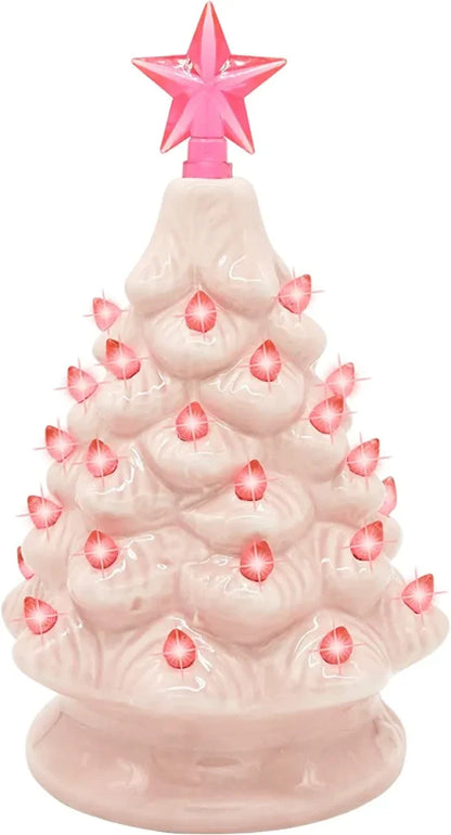 Pink Prelit Tabletop Ceramic Christmas Tree 7in