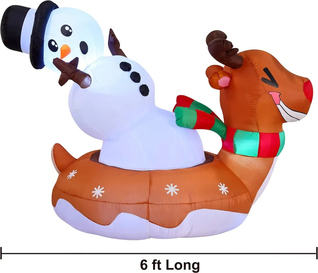 6ft Inflatable LED Snowman on Reindeer Snow Tube